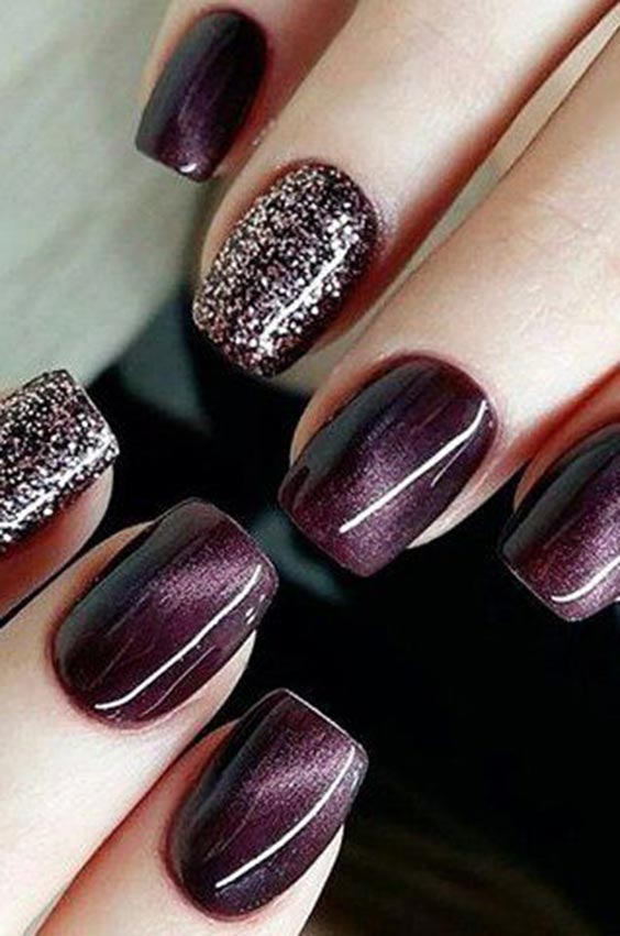 Purple red and glitter nail art