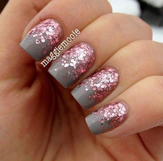 Rose gold sequin glitter on grey glitter nail art