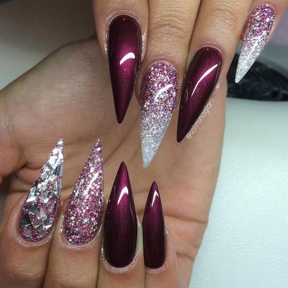 Sparkling burgundy stiletto glitter nail art