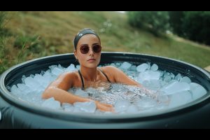 Woman having Ice Bath.