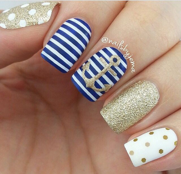 Navy stripes with golden polka dots